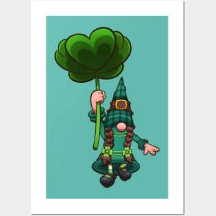 Female Leprechaun Gnome Flying With Clover Leaf Posters and Art